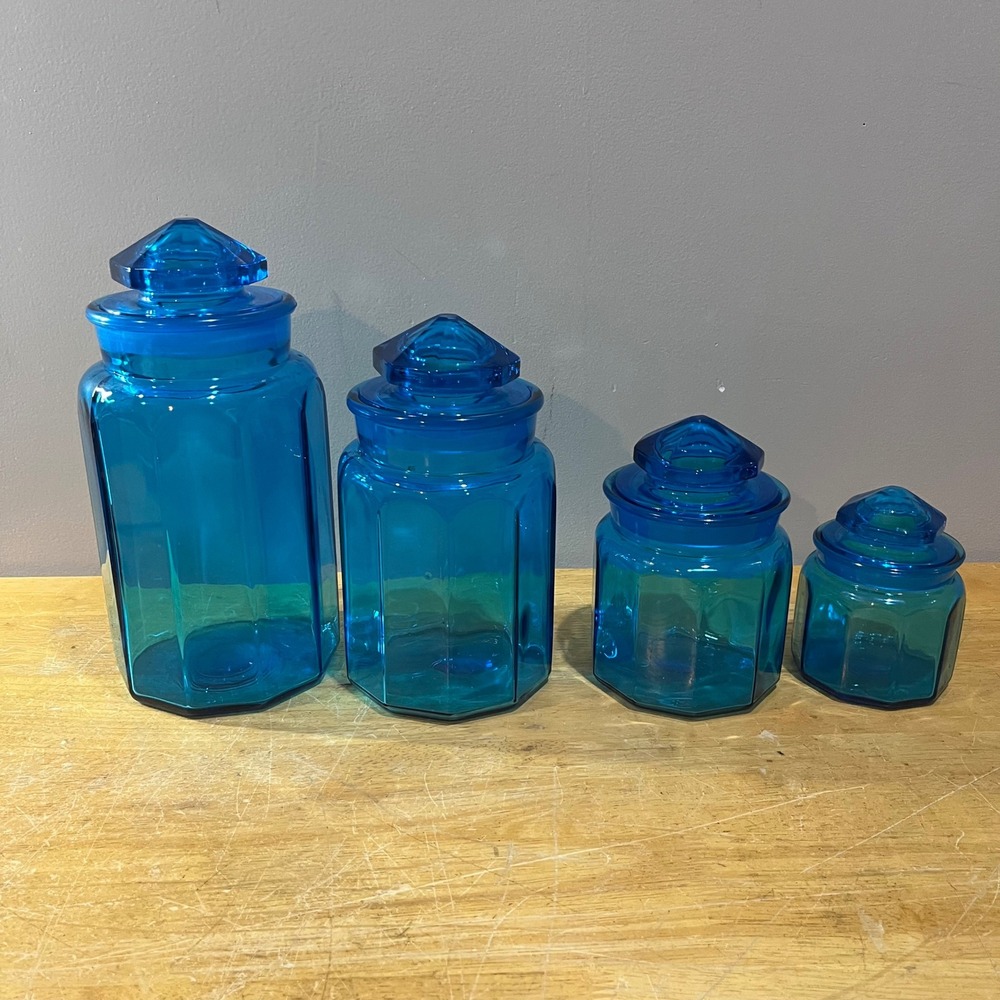 Vtg LE Smith Blue Panel Glass Canister Set 4pc Mid Century Modern MCM Hexagon